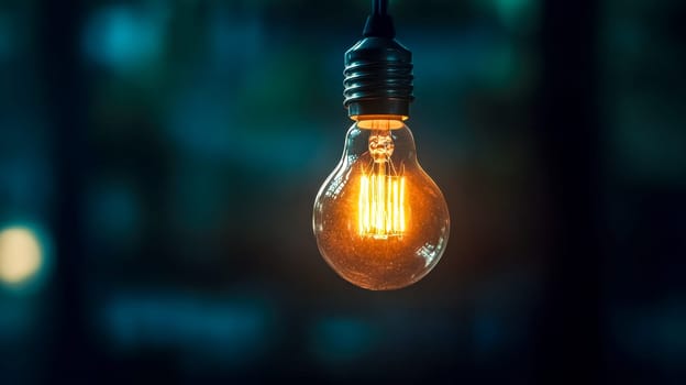 Solitary lightbulb hangs in a dim room, casting a warm glow. The blurred background adds a vintage feel, creating a cozy atmosphere symbolizing ideas and inspiration
