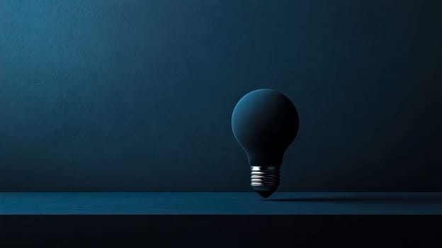 Black light bulb on a blue surface symbolizes creativity and innovation in business, with a glowing filament representing inspiration and energy