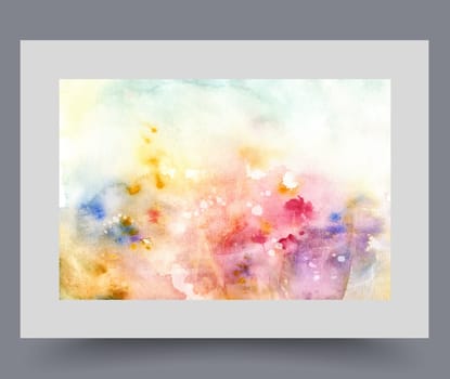 Spring wildflowers grow in meadow and emit bright glow, on artistic watercolor poster. Organic wildflowers in wild field for design of flower shop or office of professional florist. Wall art, print