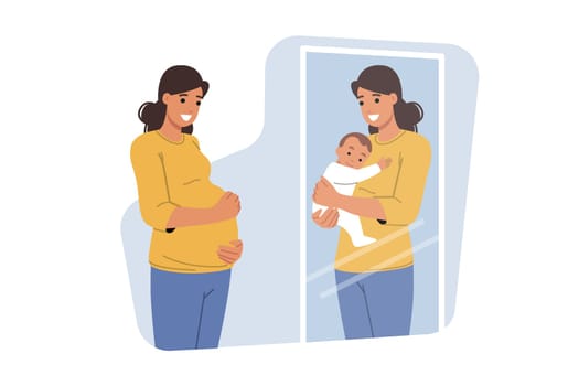 Pregnant woman looks in mirror and sees in reflection wonderful baby in own arms, dreaming of son. Positive pregnant girl smiles, rejoicing at opportunity to become mother and raise daughter
