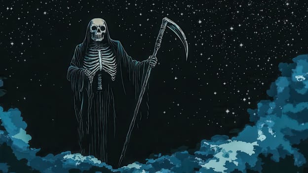 Grim reaper, a cloaked skeleton holding a scythe, is standing above blue clouds on a dark starry night. This illustration evokes themes of death, the afterlife, and the macabre
