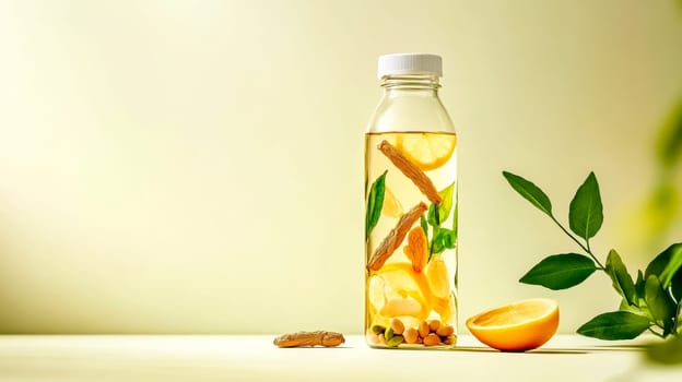 Refreshing detox water with lemon, ginger, and mint in sunlight. Citrusy, zesty, and fresh, it's a healthy drink bursting with vitamins