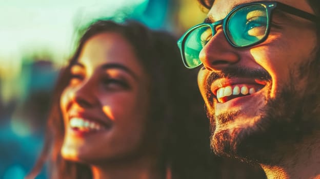 Happy couple smiles together outdoors at sunset, radiating joy and love in the golden hour sunlight. Enjoying each other's company in a romantic setting