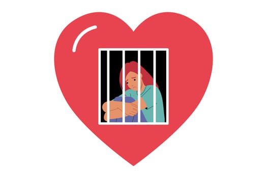 Woman victim of toxic relationship sits in prison, located behind bars inside large heart. Girl victim of relationship needs psychological help to get rid of depression and stress.