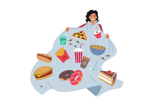 Problem of gluttony and overeating in woman, addicted to junk food and soda that destroys health. Girl suffers from gluttony due to psychological trauma or compulsive personality disorder