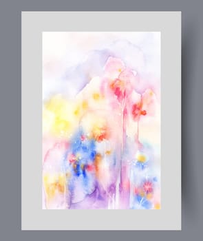 Bright flowers under sunny sky are drawn in abstract minimalist style for floristry magazine. Sunny meadow with watercolour flowers in ecologically clean place or natural park far from cities.