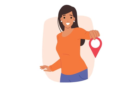 Woman with GPS pin in hands smiles, indicating delivery address or helping with navigation. Girl tour guide demonstrates GPS pin, marking must-see place while traveling around world.