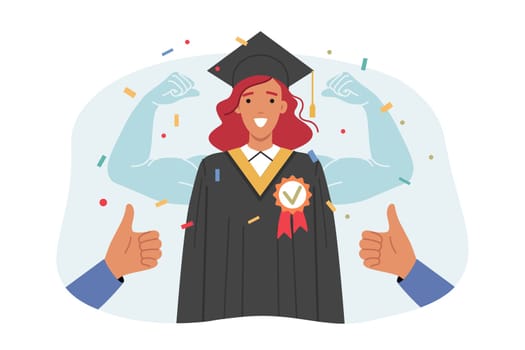 Woman university graduate in academic robe and hat, feeling strength and pride after completing studies. Highly qualified graduate who has received higher education feels support of society