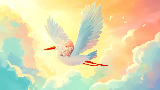 Stork gracefully flying with a newborn baby at sunset, evoking warmth and joy. A whimsical illustration symbolizing new life and love