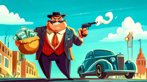 Cartoon illustration of a gangster holding a bag of money and firing a gun in the air, with his vintage car in the background