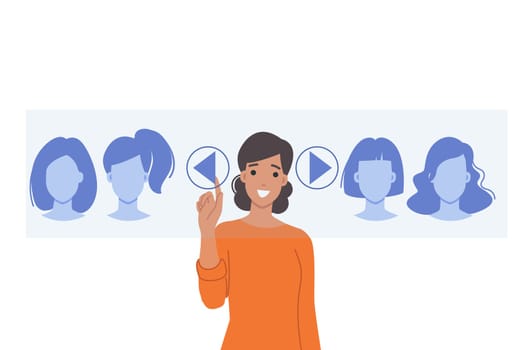Virtual hairdresser with ability to choose hairstyle and hair styling style through digital panel. Girl visitor to futuristic hairdressing salon smiles, using technology to try on hairstyle on head