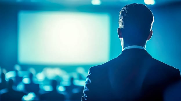 Confident businessman presenting new project on stage at conference, using technology for strategic marketing and financial info, inspiring teamwork and collaboration