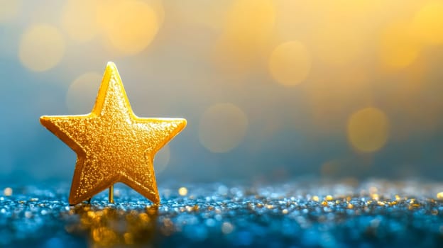 Golden christmas star is standing on a blue glitter surface, reflecting the warm lights of the background. The shallow depth of field creates a magical christmas atmosphere