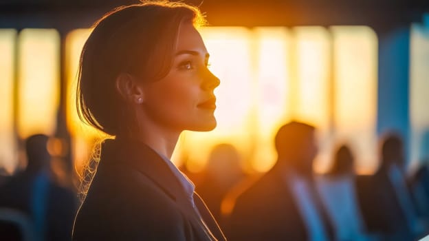 Businesswoman is listening intently to a speaker at a business conference, silhouetted against a window with golden sunset light