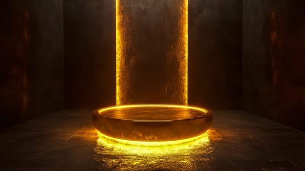 Round podium is glowing with yellow light in a dark interior with empty walls, perfect for showcasing products. The scene is lit by two vertical lines of light