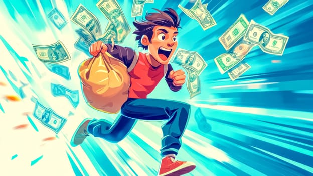 Man running with a bag of money, surrounded by swirling dollars, symbolizing determination and ambition in achieving financial goals