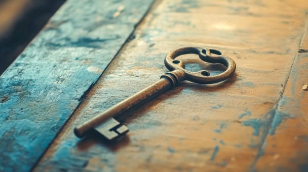 Old, detailed key on weathered wood evokes mystery with hints of iron, bronze, and gold. The vintage feel and textured background enhance themes of security and access