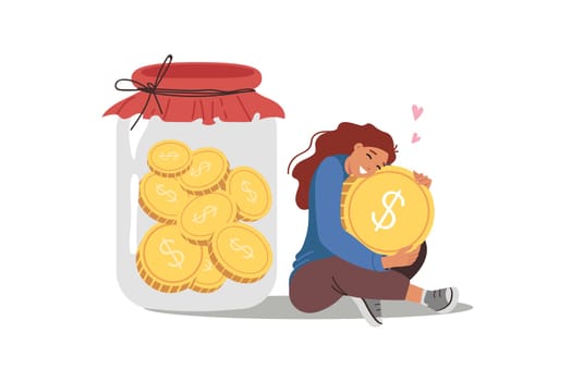 Woman saves and accumulates money to achieve financial security, sits near large jar of coins. Girl cares about financial security and stability, wanting to be confident in own future
