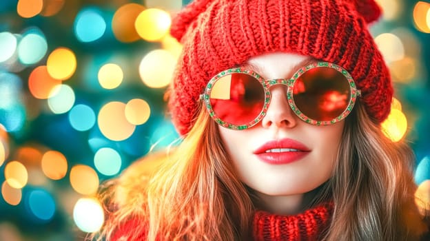 Fashionable woman is posing in front of christmas lights wearing a red woolen hat and red sunglasses. She is wearing red lipstick and a red sweater