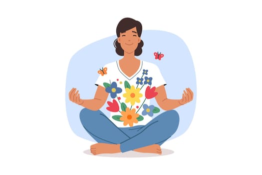 Meditating woman sits in yoga lotus position and feels psychological comfort and blooming flowers in soul. Meditating lady is interested in buddhist practices that help improve mental well-being.