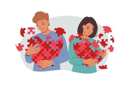 Relationship problems for romantic couple feeling death of love and holding disintegrating hearts. Depressed man and woman need family psychologist to maintain strong relationship.