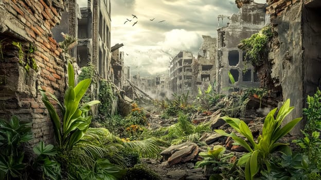 Lush vegetation is taking over a desolate cityscape, illustrating the resilience of nature in a post apocalyptic world where buildings are crumbling and birds circle overhead