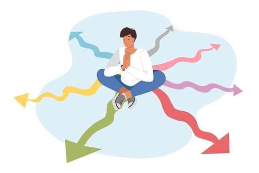 Man meditates sitting on crossroads and pondering path for development and right direction for growth. Guy chooses path, closing eyes and thinking about future, demonstrating strategic thinking skills
