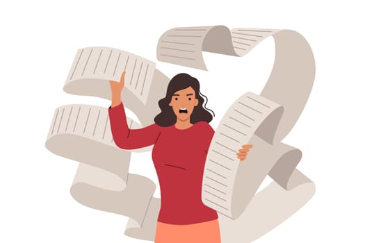 Problem of large bills to pay upsets aggressive woman holding long paper check. Girl has panic attack due to unfair tax bills or overload with routine tasks that require constant attention.