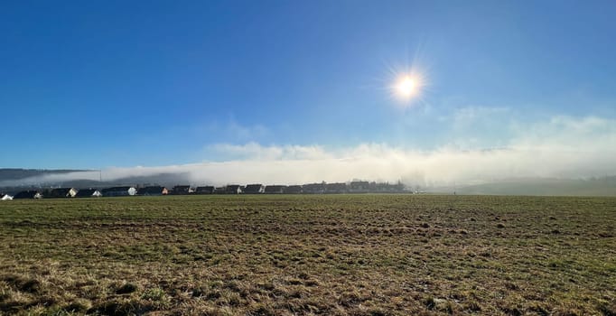 Fog landscape,wall of fog in winter in Taunusstein in Hesse. Foggy landscape,wall of fog in winter in Taunusstein in Hesse