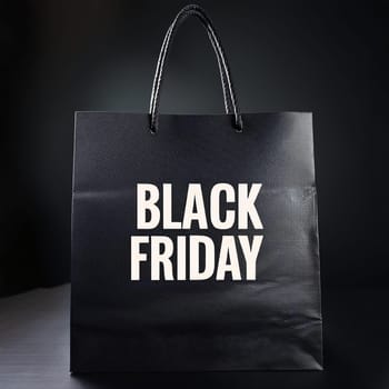 White Black Friday Text on a Black Shopping Bag, Studio Shot, Dark Background, AI generated image