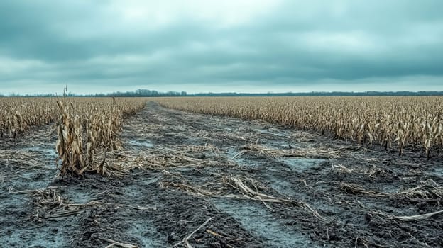 Muddy ground is filling the furrows of a harvested cornfield, with overcast skies and a desolate landscape emphasizing the effects of heavy rain
