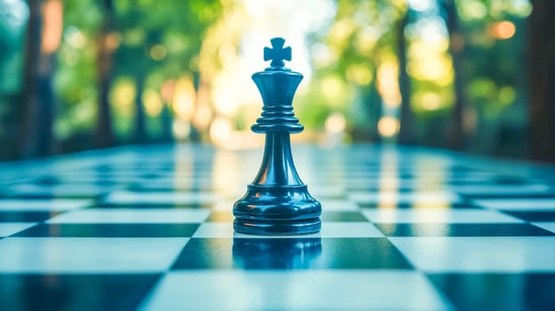 Lone black king chess piece is standing on a chessboard with an out of focus forest background. The chess piece is casting a reflection on the surface of the chessboard