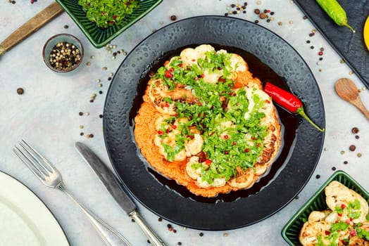 Delicious roasted cauliflower with fresh parsley and sauce.