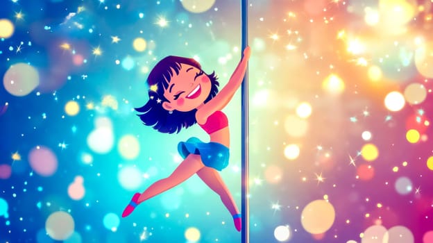 Vibrant cartoon illustration of a young woman joyfully pole dancing on stage surrounded by sparkling lights and bokeh effects. Exuding passion and skill in a club setting