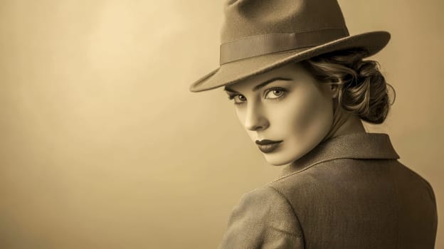 Stylish woman in hat and jacket gazes over shoulder against sepia backdrop, exuding retro charm. Elegant, glamorous, mysterious, confident with seductive allure