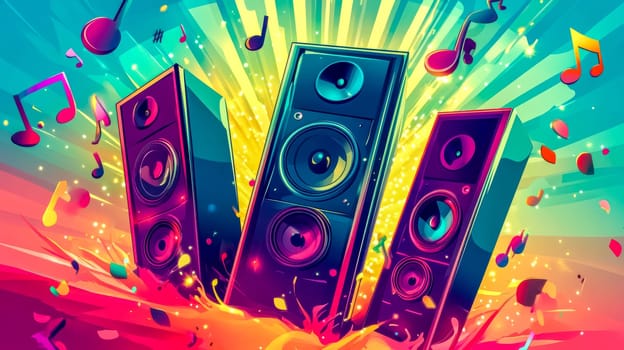 Vibrant sound waves burst from speakers at a lively party, creating an energetic atmosphere. Get ready to be immersed in the dynamic beat.