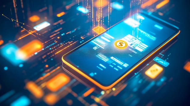 Glowing dollar symbol on a smartphone over a circuit board with data transfer, showing the blend of technology and money in online finance