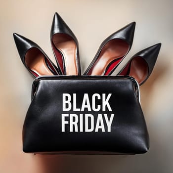 White Black Friday Text on Elegant Purse Full of Women’s Shoes, Studio Shot, AI generated image