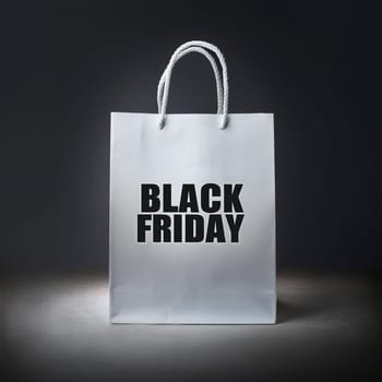 Black Friday Text on a White Shopping Bag, Studio Shot, Dark Background, AI generated image