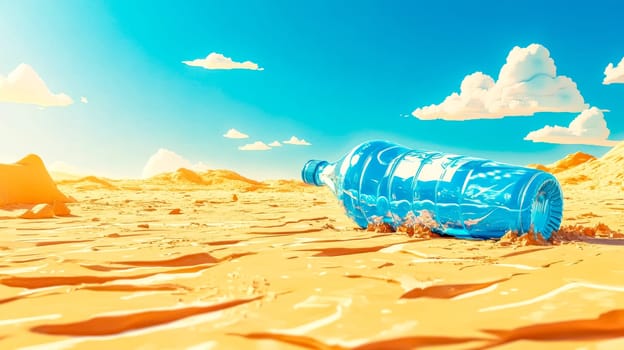 Plastic water bottle lies abandoned in a hot, dry desert environment, highlighting the issue of plastic pollution and its impact on the environment