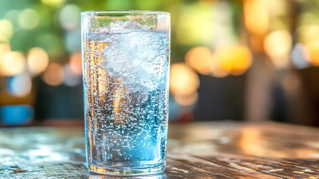 Glass of sparkling water with ice sits on a wooden table in a cozy restaurant, creating a cool scene with a softly blurred background