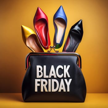White Black Friday Text on Elegant Bag Full of Colorful Women’s Shoes, Studio Shot, Yellow Background. AI generated image