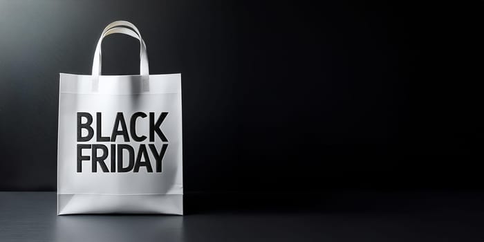 Black Friday Text on a White Shopping Bag, Studio Shot with Copy Space, Dark Background, AI generated image