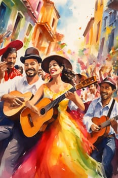 Colorful street latin american celebration with happy people dancing and playing musical instruments, AI Generated