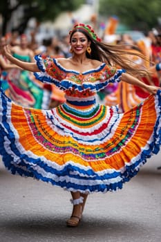 Woman in colorful traditional dress dancing at a latin american street festival, AI generated
