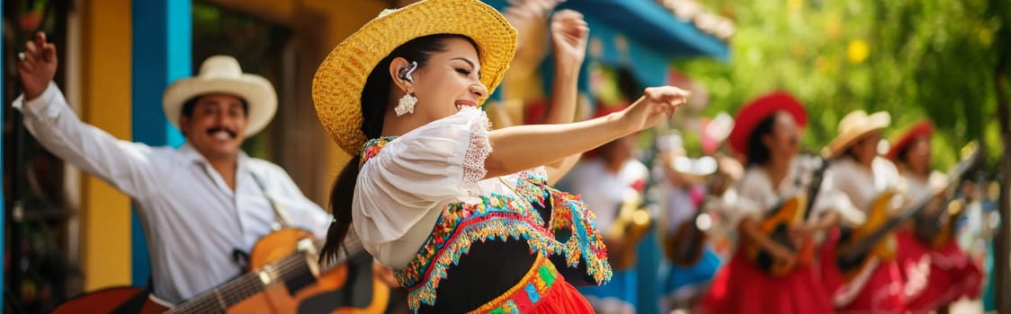 Festive street scene with smiling people in traditional Mexican clothing singing and dancing, AI generated