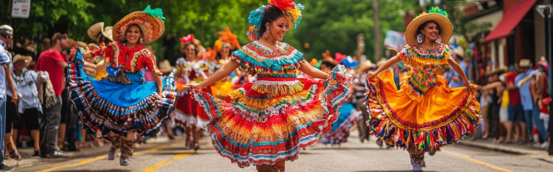 Woman in colorful traditional dress dancing at a latin american street festival, AI generated