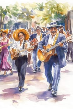 Colorful street latin american celebration with happy people dancing and playing musical instruments, AI Generated