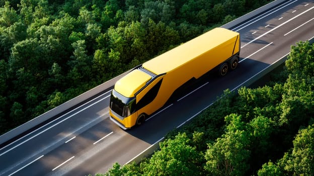 Aerial view of an yellow futuristic semi-truck driving on the highway in the green forest. AI generated