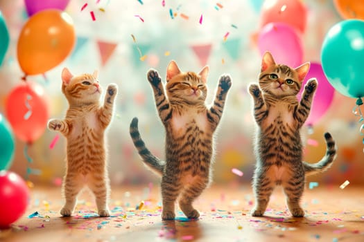Happy cats on a festive background with balloons and confetti. Festive background with a dancing cats for birthday or new year. AI generated